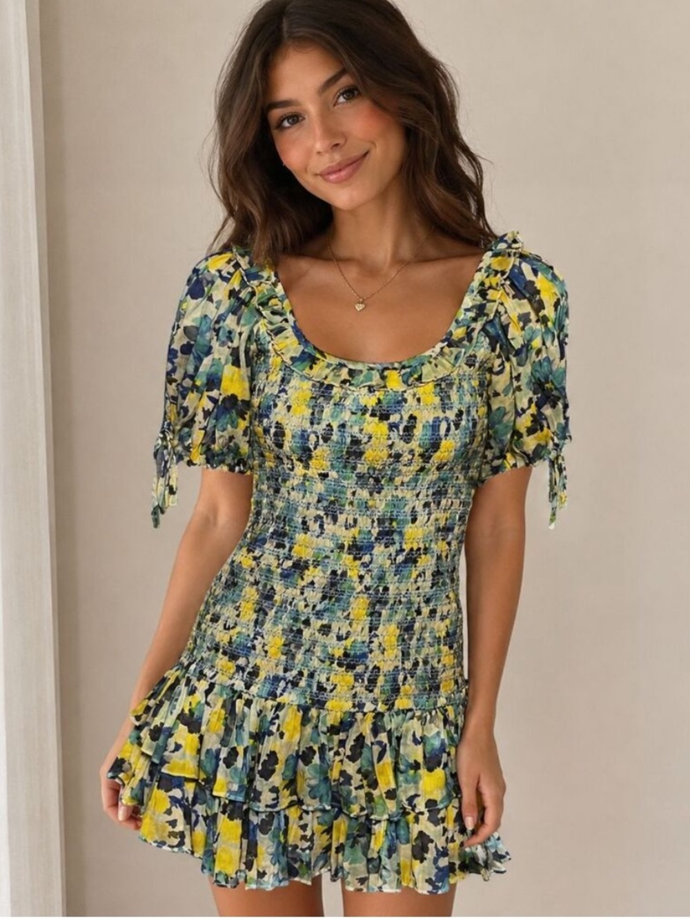 LoveShackFancy Violet Smocked Floral Mini Dress Acai Berry Ruffle Boho Sz S